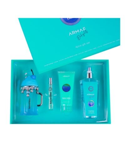 Armaf Island Bliss 4 piece gift set with eau de parfum, travel spray, body lotion and body mist in open turquoise box