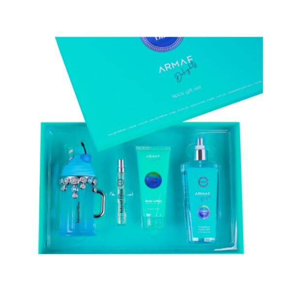 Armaf Island Bliss 4 piece gift set with eau de parfum, travel spray, body lotion and body mist in open turquoise box