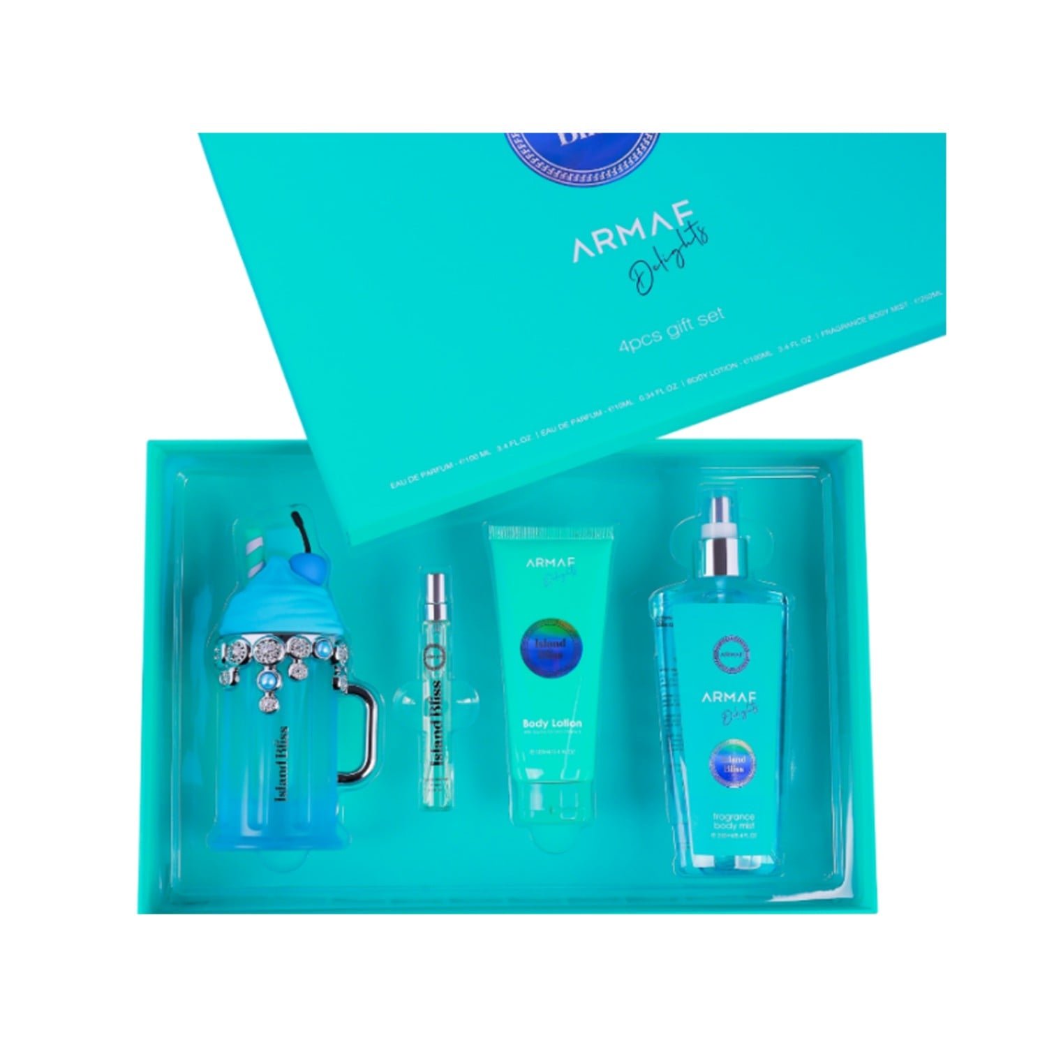 armaf-island-bliss-4-piece-gift-set.jpg Armaf Island Bliss 4 piece gift set with eau de parfum, travel spray, body lotion and body mist in open turquoise box