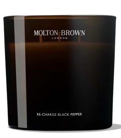 Molton Brown Re-charge Black Pepper three-wick scented candle 600g in dark glass, front view