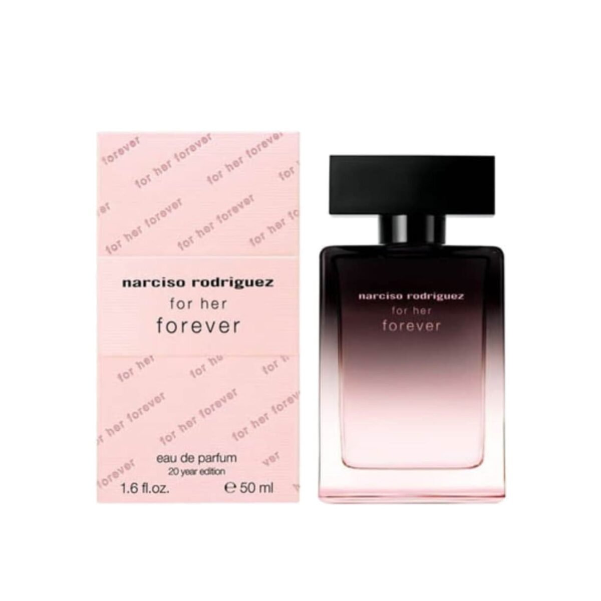 Narciso Rodriguez For Her Forever 50ml bottle beside its pink box